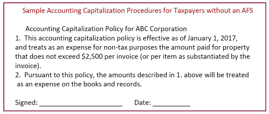 Sample Accounting Capitalization Procedures for Taxpayers without an AFS